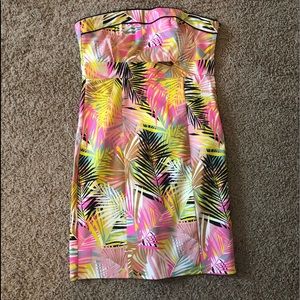 Strapless palm print dress